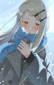 1girl backlighting black_sweater blonde_hair blue_scarf blush breath cellphone coat colored_eyelashes commentary_request earbuds earphones floating_hair gakuen_idolmaster grey_coat hair_ornament hairclip hand_up highres holding holding_phone idolmaster iroha_822 long_hair long_sleeves looking_at_viewer open_clothes open_coat open_mouth orange_eyes parallel_hairclips parted_bangs phone scarf shinosawa_hiro smartphone snow snowing solo sweater trench_coat upper_body wind winter