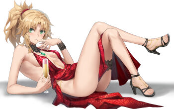 1girl bare_legs bare_shoulders blonde_hair blush braid breasts champagne_flute crossed_legs cup dress drinking_glass fate/apocrypha fate_(series) feet green_eyes high_heel_sandals high_heels highres legs long_hair looking_at_viewer mordred_(fate) parted_bangs ponytail red_dress sandals sidelocks small_breasts solo strappy_heels toenails toes tonee