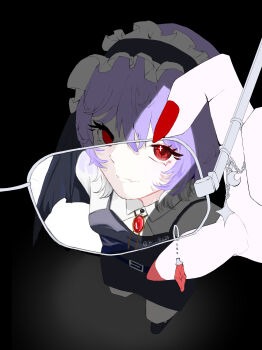 1girl absurdres bat_wings black_background black_dress closed_mouth cross_in_eye dress fang gem hair_between_eyes highres holding holding_removed_eyewear ki_irs24 looking_at_viewer maid_headdress nail_polish purple_hair red_eyes red_gemstone red_nails remilia_scarlet short_hair simple_background skin_fang sleeveless sleeveless_dress solo split_mouth symbol_in_eye touhou twitter_username unworn_eyewear wings