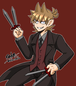 Rule 34 | 1boy, alternate costume, animification, antenna hair, artist name, black coat, black eyes, black necktie, brown hair, coat, collared shirt, commentary request, cowboy shot, eddsworld, flipped hair, formal clothes, grey shirt, grin, hair behind ear, hair ears, highres, holding, holding knife, izayoi sakuya, jitome, kaiyo noba, knife, lapels, long sleeves, looking at viewer, male focus, necktie, open clothes, open coat, outline, pants, parody, red background, red theme, red vest, sharp teeth, shirt, short hair, simple background, slit pupils, smile, solo, suit, teeth, tord (eddsworld), touhou, vest, white outline