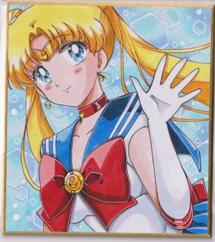 1girl bishoujo_senshi_sailor_moon blonde_hair blue_background blue_bow blue_bowtie blue_eyes blue_sailor_collar blush bow bowtie chikoto_(kztc4472) choker circlet closed_mouth collarbone commentary double_bun earrings elbow_gloves gloves hair_bun hand_up highres jewelry long_hair looking_at_viewer parted_bangs red_choker sailor_collar sailor_moon sailor_senshi_uniform shirt short_sleeves smile solo traditional_media tsukino_usagi upper_body white_gloves white_shirt