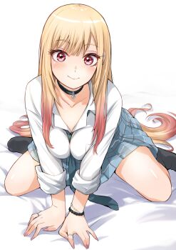 1girl bed_sheet between_breasts black_choker black_socks blonde_hair blue_necktie blue_skirt blush bracelet breasts breasts_squeezed_together choker closed_mouth collarbone colored_tips commentary_request fake_nails hair_flowing_over highres jewelry kitagawa_marin long_hair long_sleeves looking_at_viewer medium_breasts multicolored_hair nail_polish necktie necktie_between_breasts pariya_0001 pink_eyes pink_nails school_uniform shirt simple_background sitting skirt socks solo sono_bisque_doll_wa_koi_wo_suru summer_uniform thighs very_long_hair wariza white_background white_shirt