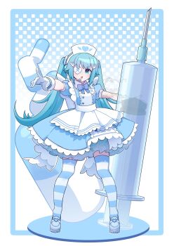 1girl absurdres apron aqua_eyes aqua_hair blue_bow blue_bowtie blue_dress blue_theme bow bowtie commentary_request cute_x_subculture_hatsune_miku_design_contest dress eyepatch fashion faux_figurine fran_(fran122) gloves hat hatsune_miku headset highres holding holding_syringe large_syringe long_hair looking_at_viewer nurse nurse_cap oversized_object pill pointing standing striped_clothes striped_thighhighs syringe tenshi_kaiwai thighhighs twintails vocaloid white_apron white_gloves