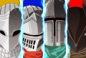 4boys bearer_of_the_curse black_hat bloodborne chosen_undead column_lineup commentary_request dark_souls_(series) dark_souls_i dark_souls_ii demon&#039;s_souls hat head_only helm helmet hunter_(bloodborne) male_focus multiple_boys slayer_of_demons suou_yuuchi textless_version