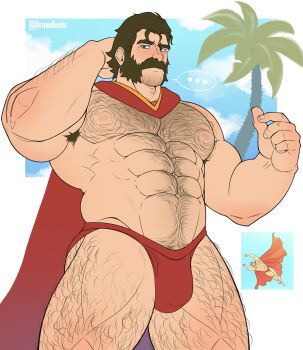 ... 1boy abs absurdres arm_hair armpit_hair armpit_hair_peek bara cape chest_hair commentary dispatch drawreshi english_commentary facial_hair hairy highres large_pectorals leg_hair male_focus male_swimwear muscular muscular_male mustache mutton_chops nipples pectorals phenomaman_(dispatch) red_cape red_male_swimwear reference_inset short_hair solo spoken_ellipsis thighs twitter_username