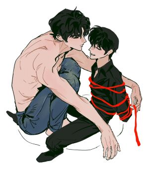 2boys black_hair black_shirt bound closed_eyes collared_shirt commentary_request denim expressionless grin highres holding holding_string jeans kim_dokja kitty7love37393 knees_up looking_at_another male_focus multiple_boys omniscient_reader's_viewpoint pants shirt short_hair sitting smile string tied_up_(nonsexual) topless_male yoo_joonghyuk