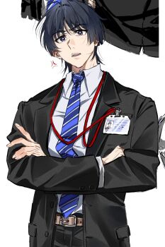 1boy alternate_costume anger_vein belt belt_buckle black_jacket black_pants black_sleeves black_suit blue_necktie blunt_ends brown_belt buckle collared_shirt contemporary cropped crossed_arms dintoge fingernails formal_clothes genshin_impact grey_hair hand_on_own_arm head_tilt highres id_card jacket lanyard layered_sleeves light_frown long_sleeves looking_at_viewer male_focus necktie open_clothes open_jacket open_mouth pants purple_eyes scaramouche_(genshin_impact) shirt solo striped_necktie suit suit_jacket teeth undershirt upper_body upper_teeth_only white_background white_shirt white_sleeves wispy_bangs