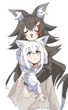 2girls absurdres animal_ear_fluff animal_ears black_hair closed_mouth commentary_request fox_ears fox_girl fox_tail hair_ornament hairpin highres hololive hug long_hair looking_at_viewer mocchan_(mo_chan0225) multiple_girls official_alternate_costume ookami_mio ookami_mio_(hoodie) open_mouth red_streaks shirakami_fubuki shirakami_fubuki_(street) smile tail virtual_youtuber white_background white_hair wolf_ears wolf_girl