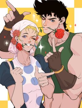 1boy 1girl apron bandana bare_shoulders battle_tendency biceps black_hair blonde_hair blue_dress blue_eyes crop_top dress finger_gun fingerless_gloves flower gloves hat hat_flower highres jojo_no_kimyou_na_bouken joseph_joestar joseph_joestar_(young) midriff muscular muscular_male one_eye_closed polka_dot polka_dot_apron puffy_short_sleeves puffy_sleeves red_flower red_rose rose short_sleeves spadelake suzi_q