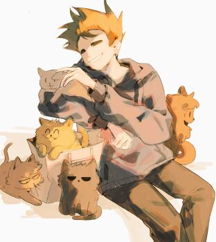 Rule 34 | 1boy, animal, animalization, animification, bag, blue hoodie, brown hair, brown pants, cat, commentary, dog, edd (eddsworld), eddsworld, grin, holding, holding animal, holding dog, hollow eyes, hood, hood down, hoodie, luobxd, male focus, matt (eddsworld), pants, paper bag, short hair, simple background, sitting, smile, solo, spiked hair, symbol-only commentary, tom (eddsworld), tord (eddsworld), white background
