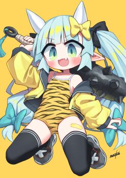 1girl :d animal_print black_thighhighs blue_hair bow club_(weapon) commentary_request fang green_eyes hair_bow highres holding holding_club holding_weapon horns jacket long_hair looking_at_viewer nanatsuta one-piece_swimsuit open_mouth original pointy_ears setsubun simple_background smile solo swimsuit thighhighs tiger_print twintails v-shaped_eyebrows weapon yellow_background yellow_bow yellow_jacket yellow_one-piece_swimsuit