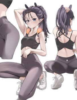 1girl absurdres alternate_costume arm_up armpits ass back black_nails blue_eyes breasts collarbone commentary full_body highres hololive hololive_english long_hair looking_at_viewer messy midriff mole mole_under_eye multiple_views nail_polish ninomae_ina&#039;nis pants pointy_ears ponytail purple_hair scarlet_(wv0102) shirt shoe_soles simple_background small_breasts sports_bra squatting symbol-only_commentary tentacle_hair virtual_youtuber white_background white_shirt yoga_pants