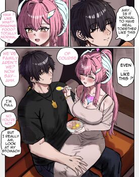 Rule 34 | 1boy, 1girl, 2na (blue2na), absurdres, adoptive parent and adoptive child, aemeath (wuthering waves), ahoge, alternate costume, bare shoulders, black hair, black shirt, blush, bowl, breasts, cleavage, closed eyes, closed mouth, collarbone, commentary, dongtan dress, dress, english text, father and child, father and daughter, grey dress, hair ornament, highres, holding, holding bowl, holding spoon, indoors, large breasts, long hair, looking at another, male rover (wuthering waves), mole, mole on shoulder, open mouth, parent and child, pink hair, ponytail, rover (wuthering waves), shirt, sitting, sitting on lap, sitting on person, smile, spoon, star-shaped pupils, star (symbol), symbol-shaped pupils, tacet mark (wuthering waves), untranslatable commentary, wuthering waves, yellow eyes