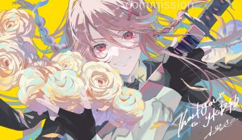 Rule 34 | 1girl, artist name, black gloves, black jacket, black necktie, bouquet, braid, collared shirt, commission, english text, fingerless gloves, floating hair, flower, formal clothes, gloves, grin, hair between eyes, hair ornament, hairclip, highres, holding, holding bouquet, holding sword, holding weapon, jacket, katana, koujisako, long hair, long sleeves, looking at viewer, necktie, original, pink hair, red eyes, rose, sheath, sheathed, shirt, side braids, simple background, skeb commission, smile, solo, suit, sword, teeth, twin braids, upper body, watermark, weapon, white shirt, x hair ornament, yellow background, yellow flower, yellow rose