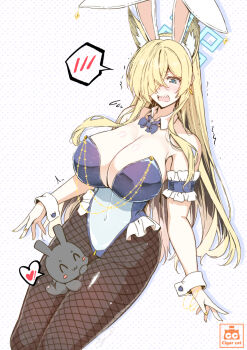 1boy 1girl alternate_costume animal_ear_fluff animal_ear_hairband animal_ears black_pantyhose blonde_hair blue_archive blue_bow blue_bowtie blue_eyes blue_halo blue_leotard blush bow bowtie breasts cigar_cat cleavage covered_navel detached_collar dog_ears dog_girl doodle_sensei_(blue_archive) embarrassed fake_animal_ears fishnet_pantyhose fishnets hair_over_one_eye hairband halo highleg highleg_leotard highres huge_breasts kanna_(blue_archive) leotard long_hair on_lap open_mouth pantyhose rabbit_ear_hairband rabbit_ears sensei_(blue_archive) sharp_teeth sidelocks teeth white_hairband wrist_cuffs