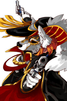 1boy aiming aiming_at_viewer black_coat black_hat cavalier_hat coat commentary_request dual_wielding gloves gold_trim gun handgun hat holding holding_gun holding_weapon male_focus mask masked military_uniform orange_hair plume ragnarok_online rebellion_(ragnarok_online) revolver simple_background solo toriria upper_body weapon white_background white_gloves wolf_mask