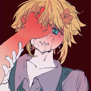 Rule 34 | 1boy, 1other, aqua eyes, arm up, basil (faraway) (omori), basil (omori), blonde hair, brown background, chromatic aberration, clenched teeth, collarbone, collared shirt, commentary request, crying, crying with eyes open, drooling, flipped hair, flower, green sweater vest, grey shirt, hair flower, hair ornament, hand on another's face, hand up, highres, looking at viewer, male focus, messy hair, no sclera, omori, one eye covered, orange flower, pale skin, portrait, pov, pov hands, shirt, sidelocks, simple background, solo focus, sweater vest, tears, teeth, tokkooyaku