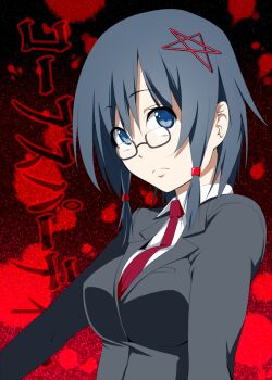 Rule 34 | 1girl, blue eyes, blue hair, breasts, corpse party, dress shirt, female focus, glasses, hair ornament, image sample, matching hair/eyes, mattari yufi, necktie, pixiv sample, saenoki naho, school uniform, shirt, short hair, solo, star (symbol)