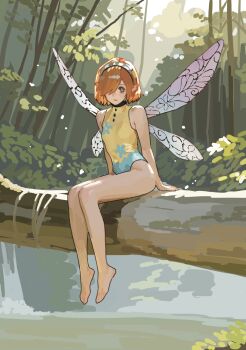 Rule 34 | 1girl, bare legs, barefoot, blue leotard, commentary, fairy wings, forest, full body, gallica (metaphor: refantazio), h4sh1rnoto, hair over one eye, hairband, highres, legs, leotard, looking at viewer, medium hair, metaphor: refantazio, mixed-language commentary, multicolored leotard, nature, orange hair, pointy ears, sitting, solo, toes, two-tone leotard, wings, yellow leotard