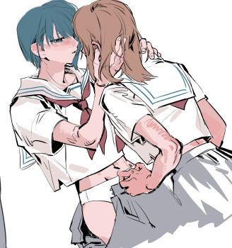2girls absurdres blue_eyes blue_hair blush commentary grey_skirt hanasato_minori hand_in_another&#039;s_hair hand_on_another&#039;s_shoulder hashtag-only_commentary highres kiritani_haruka morigoos multiple_girls neckerchief open_clothes open_skirt orange_hair panties parted_lips pleated_skirt project_sekai red_neckerchief sailor_collar shirt simple_background skirt underwear undressing_another white_background white_panties white_sailor_collar white_shirt yuri