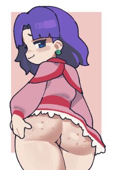 1girl :3 anus anus_peek ass_freckles body_freckles bottomless come_hither commission commissioner_upload dress earrings freckles grandia grandia_i half-closed_eyes jewelry kyojiri_loli loli looking_at_viewer looking_back naughty_face pink_dress purple_hair short_hair simple_background smile solo solo_focus sue_(grandia) sweat teasing yono5