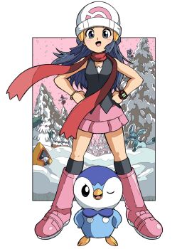1girl abomasnow beak beanie bird black_hair black_socks blue_eyes blue_hair blush boots breasts dawn_(pokemon) froslass gen_3_pokemon gen_4_pokemon glaceon hair_ornament hairclip hat highres kneehighs long_hair looking_at_viewer medicham nintendo one_eye_closed onigiri_debu open_mouth outdoors penguin pink_boots pink_skirt piplup pokemon pokemon_(creature) pokemon_dppt poketch red_scarf scarf shirt skirt sky sleeveless smile snorunt snover snow snowing socks tree watch white_hat wristwatch