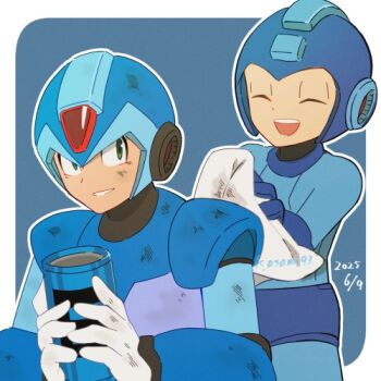 asamishi closed_eyes damaged dated energy_tank green_eyes lowres mega_man_(series) mega_man_x_(series) scuffed simple_background smile towel watermark