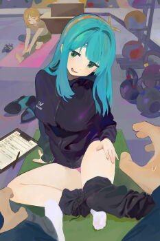 1boy 2girls aqua_hair blonde_hair breasts dumbbell feet green_eyes gym hand_on_own_thigh headband highres jacket long_hair long_sleeves looking_at_viewer multiple_girls nahia_(some1else45) open_mouth original pants_around_thighs pov pov_hands pov_legs sekoshi_(some1else45) shirt shoes short_hair sitting smile socks some1else45 stretching sweatdrop track_jacket underwear white_socks workout_clothes yoga_mat