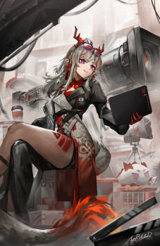 1girl absurdres arknights artist_name asymmetrical_legwear az'ruler belt black_coat blue_eyes braid cable character_request clapperboard clothing_cutout coat colored_skin computer crossed_legs cup disposable_coffee_cup disposable_cup dragon_girl earrings feet_out_of_frame grey_hair highres holding holding_laptop horns jewelry laptop long_hair long_sleeves looking_to_the_side megaphone movie_camera multicolored_eyes multicolored_skin multiple_belts name_tag nian_(arknights) nian_(thunderbolt_director)_(arknights) open_mouth pink-tinted_eyewear pointy_ears purple_eyes red-tinted_eyewear side_braid single_bare_leg sitting smile sunglasses tail tassel tassel_earrings tinted_eyewear video_camera