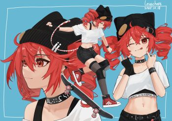1girl alternate_costume artist_name beanie belt black_gloves black_hat black_shorts black_thighhighs blue_background breasts choker closed_eyes closed_mouth dated drill_hair earclip fingerless_gloves glint gloves hat highres jewelry kasane_teto kneepits leutchaft midriff multiple_views navel one_eye_closed red_eyes red_hair red_shoes ring shirt shoes short_hair short_sleeves shorts single_bare_shoulder single_glove single_thighhigh skateboard small_breasts sneakers sports_bra thighhighs tongue tongue_out twin_drills utau white_shirt wristband