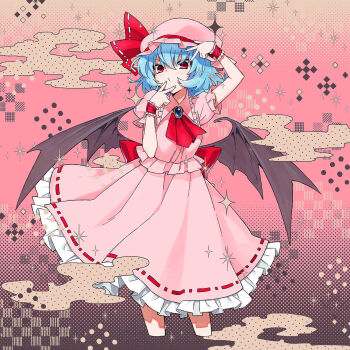 1girl ascot back_bow bat_wings blue_hair bow brooch collared_shirt commentary_request cropped_legs fog frilled_shirt_collar frilled_skirt frilled_wrist_cuffs frills futoumeido hands_up hat hat_ribbon highres jewelry mob_cap pink_hat pink_shirt pink_skirt pursed_lips red_ascot red_background red_bow red_eyes red_ribbon remilia_scarlet ribbon ribbon-trimmed_skirt ribbon_trim shirt short_hair skirt solo touhou v wings wrist_cuffs