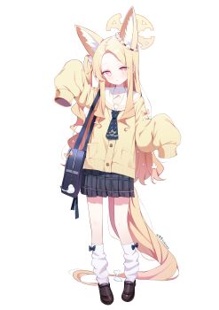:o absurdres animal_ear_fluff animal_ears artist_name black_ribbon black_skirt blue_archive blue_necktie blush brown_shoes cardigan commentary forehead fox_ears fox_tail gradient_eyes hair_ornament hair_scrunchie highres loafers long_hair long_sidelocks long_sleeves looking_at_viewer loose_socks multicolored_eyes necktie orange_eyes plaid_clothes plaid_skirt pleated_skirt puffy_long_sleeves puffy_sleeves ribbon sailor_collar school_uniform scrunchie seia_(blue_archive) shoes short_necktie side_ponytail sidelocks simple_background skirt sleeves_past_wrists socks tail tail_ornament tail_ribbon turtleneck very_long_tail white_background white_ribbon white_sailor_collar white_scrunchie white_socks yellow_cardigan yellow_eyes yellow_ribbon yukinya_(yukinya777)