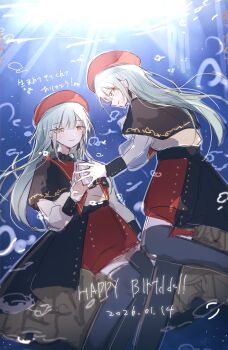 2girls bang_dream! bang_dream!_it's_mygo!!!!! black_capelet black_skirt black_thighhighs blush capelet closed_mouth commentary_request dated dual_persona green_hair happy_birthday hat highres long_hair mochizuki_(8_wa0407) mortis_(bang_dream!) mortis_(costume)_(bang_dream!) mortis_(persona)_(bang_dream!) multiple_girls red_hat red_shorts shorts skirt thighhighs underwater wakaba_mutsumi yellow_eyes