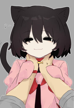 Rule 34 | 1boy, 1girl, animal collar, animal ears, araragi koyomi, black eyes, black hair, black necktie, black tail, bob cut, breasts, cat ears, cat girl, cat tail, closed mouth, collar, commentary, dress shirt, empty eyes, fish pendant, grey background, grey shirt, guided neck grab, hair between eyes, happy, highres, jewelry, juliet sleeves, kemonomimi mode, long sleeves, looking at viewer, monogatari (series), musical note, naoetsu high school uniform, narrowed eyes, naughty face, neck grab, necktie, oshino ougi, outline, pale skin, pendant, pink shirt, pov, pov hands, puffy long sleeves, puffy sleeves, raised eyebrows, red collar, red trim, school uniform, shirt, short hair, short sleeves, sleeves past fingers, sleeves past wrists, small breasts, smile, smug, solo, solo focus, spoken musical note, straight-on, strangling, sweatdrop, tail, tsugumi (tgm 615486), untranslatable commentary, upper body, w arms, white outline