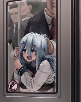 1girl 3boys black_bra black_jacket bra chikan collared_shirt formal_clothes grabbing_another's_hair green_eyes grey_hair hair_ornament highres holding_another's_hair jacket letdie1414 long_hair long_sleeves molestation multiple_boys necktie original red_necktie sailor_collar school_uniform sex sex_from_behind shirt sweat teeth tongue tongue_out train train_interior ugly_bastard underwear white_shirt x_hair_ornament