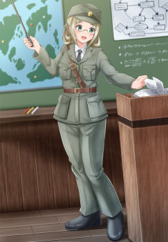 1girl alternate_costume black_footwear book chalkboard chart commentary_request female_focus folded_ponytail full_body glasses green_eyes grey_pants kantai_collection katori_(kancolle) light_brown_hair map military military_uniform pants parted_bangs podium pointer rimless_eyewear smile solo standing zanntetu