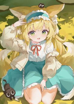 1girl :d absurdres animal_ears arknights arm_up black_cat blonde_hair blue_hairband blue_skirt blush cat chinese_commentary commentary day fang film_grain fox_ears fox_girl fox_tail frilled_hairband frilled_shirt_collar frilled_skirt frills full_body green_eyes hair_between_eyes hairband high-waist_skirt highres humooooo long_hair looking_at_viewer neck_ribbon open_mouth outdoors red_ribbon ribbon seiza shirt sidelocks sitting skin_fang skirt smile solo suzuran_(arknights) tail white_shirt