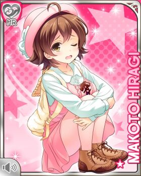 1girl ;o ahoge backpack bag breasts brown_eyes brown_hair brown_ribbon brown_shoes card_(medium) character_name dress frilled_dress frills girlfriend_(kari) hat hiragi_makoto_(girlfriend_(kari)) hugging_own_legs looking_at_viewer miniskirt official_art one_eye_closed pantyhose pink_background pink_dress pink_hat pink_pantyhose qp:flapper raised_inner_eyebrows ribbon shirt shoes short_dress short_hair skirt sneakers solo squatting thighs white_shirt yellow_bag
