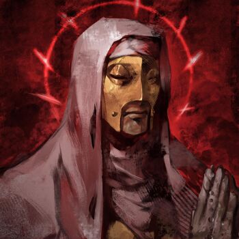 1boy black_gloves black_scarf closed_mouth covered_face darkest_dungeon gloves gold_mask hands_up highres hood leper_(darkest_dungeon) male_focus mask moxom praying red_background scarf simple_background solo upper_body white_hood