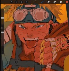 Rule 34 | 1boy, art program in frame, blonde hair, blue eyes, earbuds, earphones, facial mark, fang, goggles, goggles on head, half-closed eyes, highres, male focus, naruto, naruto (series), smile, solo, thumbs down, tongue, tongue out, upper body, uzumaki naruto, veron 1411, whisker markings
