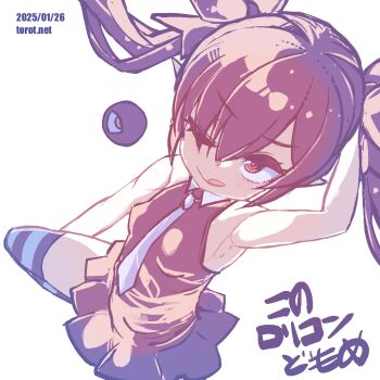 1girl ;q arm_behind_head armpits backbeako_(torotei) backbeard black_dress black_hair black_ribbon black_thighhighs blush breasts closed_mouth commentary dated dated_commentary dress dutch_angle eyes_visible_through_hair gegege_no_kitarou hair_over_one_eye hair_ribbon knee_up kono_lolicon_domome leg_lift long_hair looking_at_viewer necktie one_eye_closed original paid_reward_available pointy_ears red_eyes ribbon simple_background sleeveless sleeveless_dress small_breasts smile solo standing standing_on_one_leg striped_clothes striped_thighhighs thighhighs tongue tongue_out torotei translated twintails v-shaped_eyebrows watermark web_address white_background white_necktie white_thighhighs