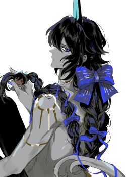 1boy absurdres arjuna_(fate) arjuna_alter_(fate) black_hair blue_eyeshadow blue_horns blue_nails body_markings braid braided_ponytail character_hair_ornament colored_skin commentary_request dark-skinned_male dark_skin eyeshadow fate/grand_order fate_(series) grey_eyes grey_skin hair_between_eyes hair_ornament hair_ribbon highres horns long_hair looking_at_viewer makeup male_focus ribbon simple_background single_braid solo tail topless_male white_background yurumawari