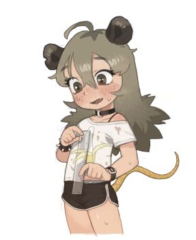 1girl absurdres ahoge animal_ears black_choker blush choker dolphin_shorts fang female_focus green_eyes grey_hair highres holding_ruler loli long_hair macci_(possummachine) measuring open_mouth original penis_measuring possum_ears possum_tail possummachine ruler shorts simple_background solo standing sweat tail thighs white_background