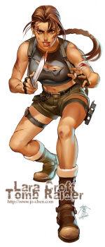 1girl bandages belt blood boots braid breasts brown_eyes brown_hair female_focus full_body injury jo_chen knife lara_croft long_hair midriff shorts single_braid solo tank_top tomb_raider torn_clothes white_background