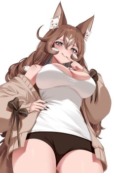 Rule 34 | 1girl, :d, absurdres, animal ear fluff, animal ears, breasts, brown cardigan, brown eyes, brown hair, brown ribbon, cardigan, closed mouth, commission, cowboy shot, finger to mouth, fox ears, fox girl, fox tail, half-closed eyes, highres, indie virtual youtuber, large breasts, liyonoko (vtuber), long hair, looking at viewer, looking down, mature female, nail polish, oioi ainomo, open mouth, ribbon, short shorts, shorts, simple background, smile, solo, tail, tank top, thighs, tongue, tongue out, vgen commission, virtual youtuber, white background, white tank top