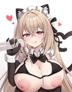 1girl absurdres animal_ear_fluff animal_ears applying_lotion arm_under_breasts bare_shoulders bikini black_bikini black_bow black_bowtie black_survival blonde_hair blush bottle bow bowtie breasts breasts_out cat_ears commentary_request crossed_bangs detached_collar detached_sleeves eternal_return:_black_survival eva_(black_survival) frills hair_between_eyes heart highres holding holding_bottle huge_breasts imminent_paizuri kisa_(leg3043) korean_commentary large_breasts licking_lips long_hair looking_at_viewer lotion lotion_bottle lube lube_on_breasts lubrication maid maid_bikini maid_headdress naughty_face nipples oiled pouring pouring_onto_self purple_eyes simple_background smile solo swimsuit tongue tongue_out unconventional_maid very_long_hair white_background