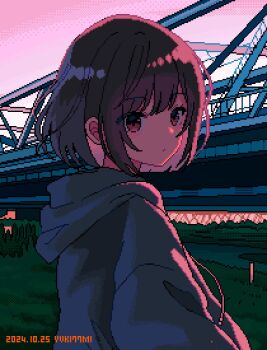 Rule 34 | 1girl, artist name, black hoodie, bob cut, bridge, brown eyes, brown hair, closed mouth, dated, dithered background, dithering, dot mouth, drawstring, dusk, foliage, from behind, from side, gradient sky, grass, hood, hood down, hoodie, looking at viewer, looking to the side, nanami yuki (yuki77mi), original, pink sky, pixel art, river, short hair, sky, solo, upper body