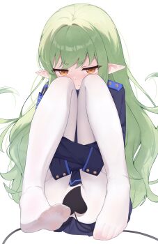1girl bitseon black_sleeves blue_archive blush covering_crotch covering_privates demon_tail feet foot_focus foreshortening green_hair highres hikari_(blue_archive) hugging_own_legs knees_up loli long_hair long_sleeves looking_at_viewer no_headwear pantyhose pointy_ears presenting_foot simple_background sitting soles solo tail toes white_background white_pantyhose yellow_eyes