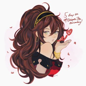 1girl anniversary aubz brown_hair commentary copyright_name countdown earrings english_commentary english_text green_eyes hair_between_eyes high_ponytail highres hoop_earrings jewelry long_hair mole mole_under_mouth octopath_traveler octopath_traveler_i ponytail primrose_azelhart red_petals signature simple_background solo white_background