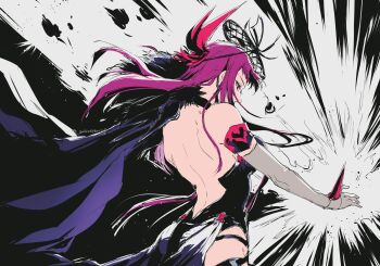 1girl back backless_dress backless_outfit bare_back bare_shoulders breasts commentary dress elbow_gloves emphasis_lines english_commentary fascinator fire_emblem fire_emblem_engage flower from_behind gloves highres ivy_(fire_emblem) jewelry long_hair looking_to_the_side motion_lines nintendo purple_eyes purple_hair see-through_clothes see-through_headwear solo spiked thorn_print twitter_username umi_(oneinchswing) very_long_hair white_background white_gloves